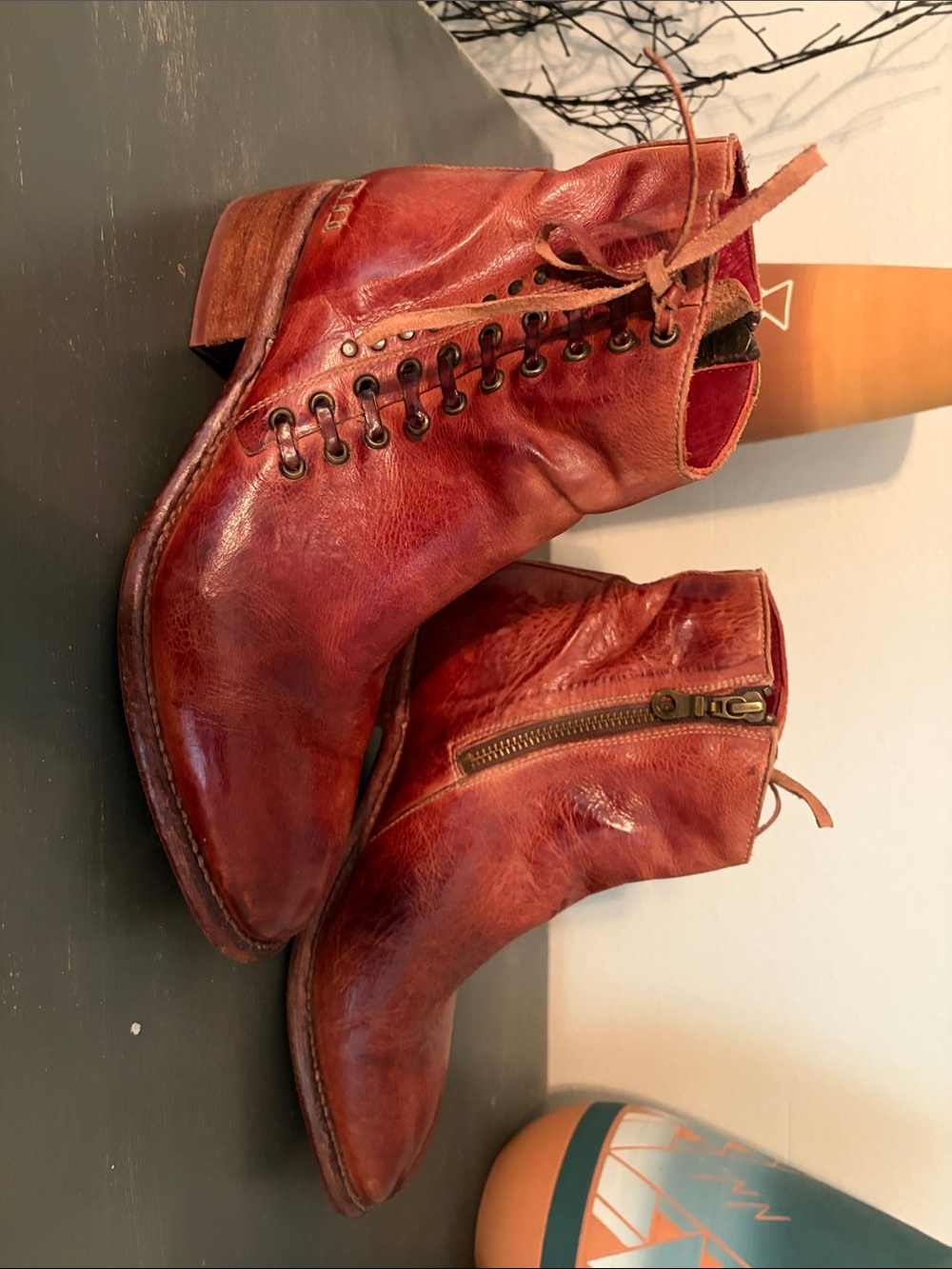 Bed Stu Burnt Red Leather Lace-Up Ankle Booties with Side Zip